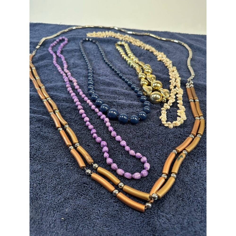Lot of 5 Vintage Style Beaded Necklaces Shell Blue Purple Gold Wood Tone